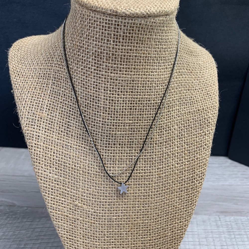 Layered Star Pendant Necklace Silver Tone Ball Chain Black Cord 16 Inch Y2K